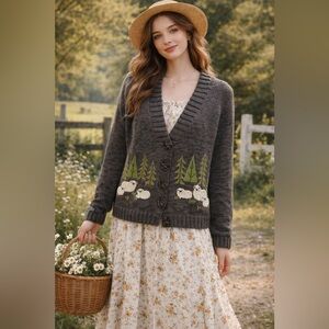 Cozy Timberlea Vintage Sheep Gray Cardigan with Forest Design Size M